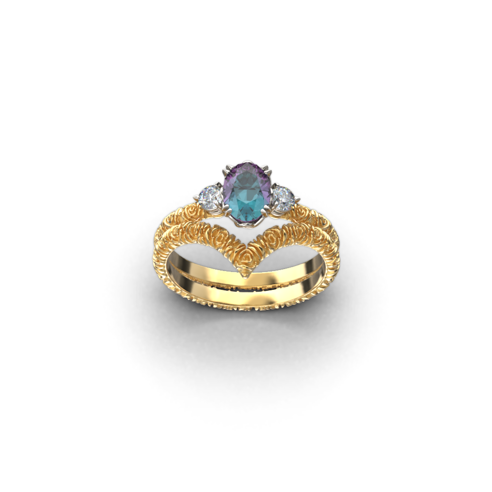 Alexandrite and Diamond Bridal Ring Set - Oltremare Gioielli