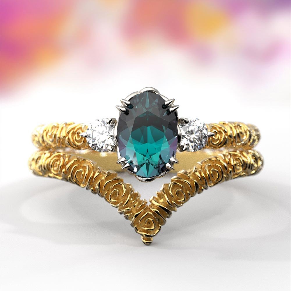 Alexandrite and Diamond Bridal Ring Set - Oltremare Gioielli