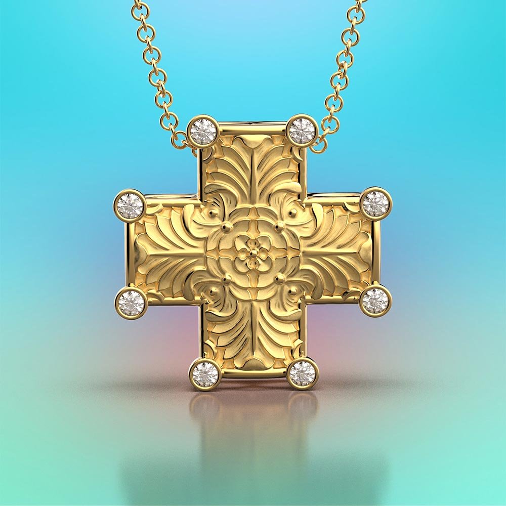 Byzantine Style Gold Cross Pendant Necklace with Diamonds - Oltremare Gioielli