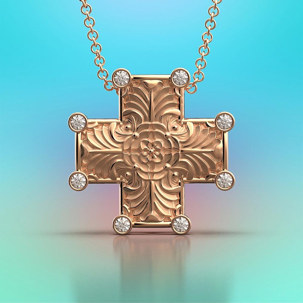 Byzantine Style Gold Cross Pendant Necklace with Diamonds - Oltremare Gioielli