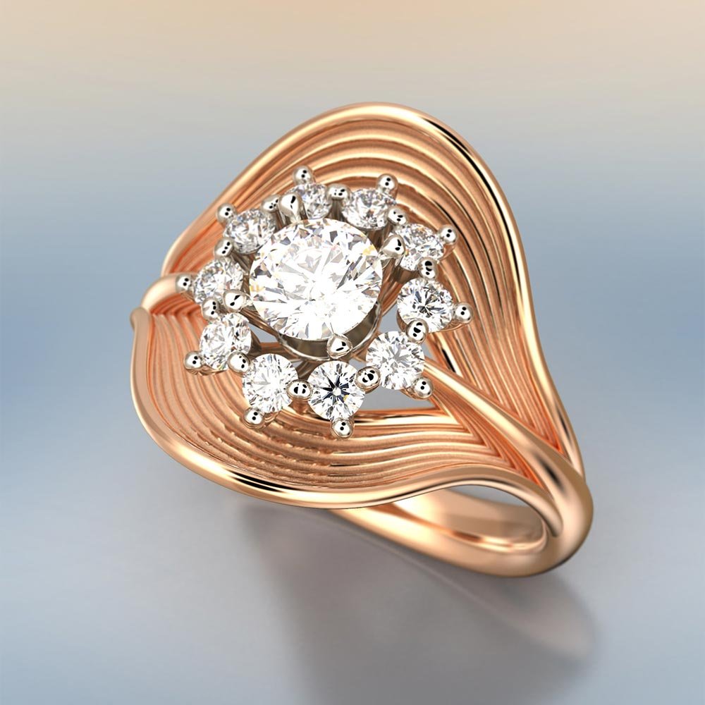 Halo Diamond Gold Ring Made in Italy - Oltremare Gioielli