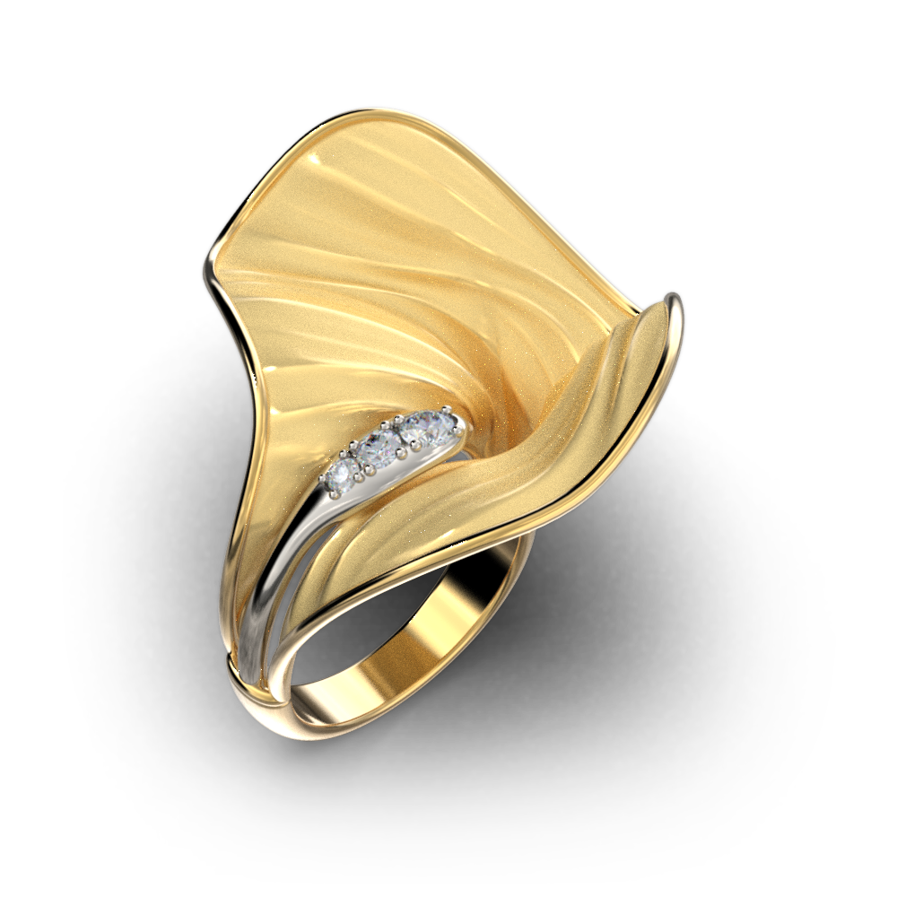 Calla gold ring with natural diamonds, 14k or 18k large statement ring made in Italy by Oltremare Gioielli.