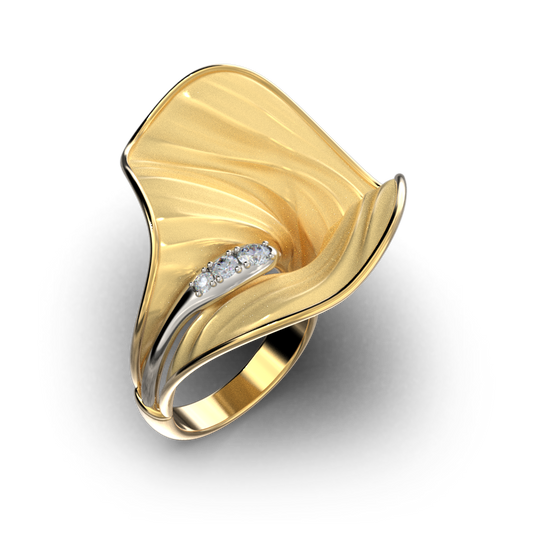 Calla gold ring with natural diamonds, 14k or 18k large statement ring made in Italy by Oltremare Gioielli.