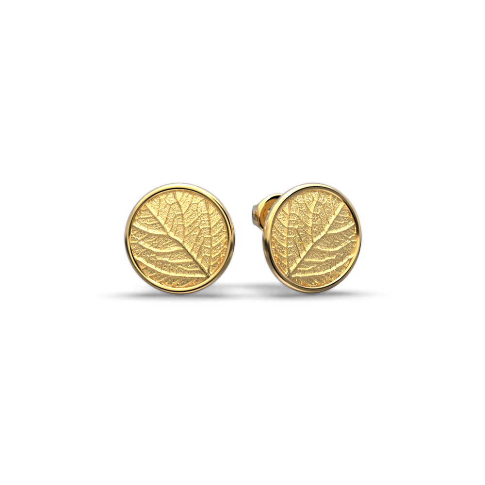 Round gold stud earrings nature inspired with leaf motif, 14k or 18k solid gold earrings made in Italy by Oltremare Gioielli