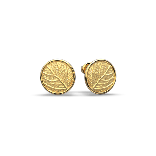 Round gold stud earrings nature inspired with leaf motif, 14k or 18k solid gold earrings made in Italy by Oltremare Gioielli