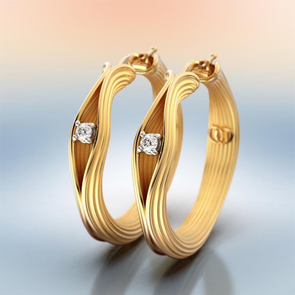Diamond Gold Hoop Earrings Ribbed Texture - Oltremare Gioielli